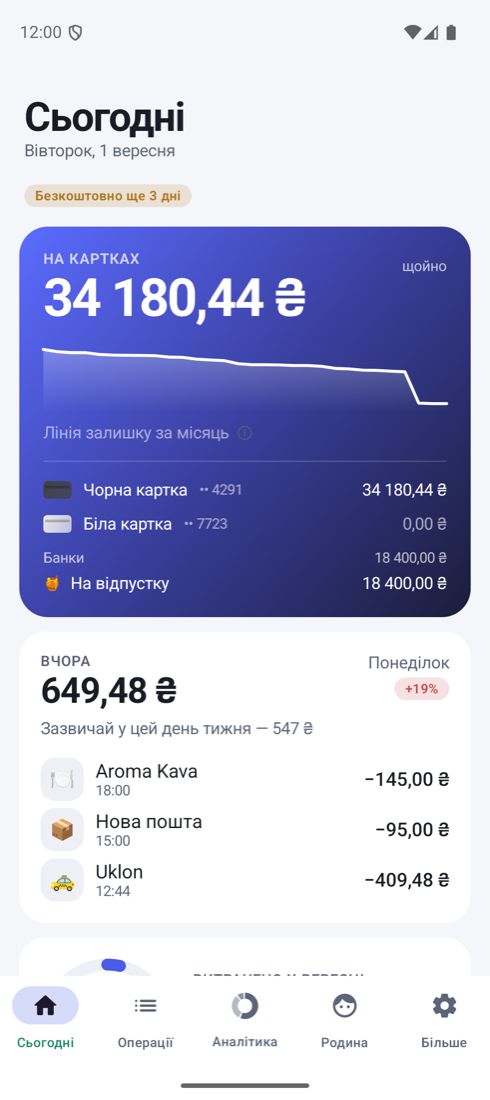 Екран «Сьогодні» в Android-версії: на картках 34 180 ₴, учора 649 ₴